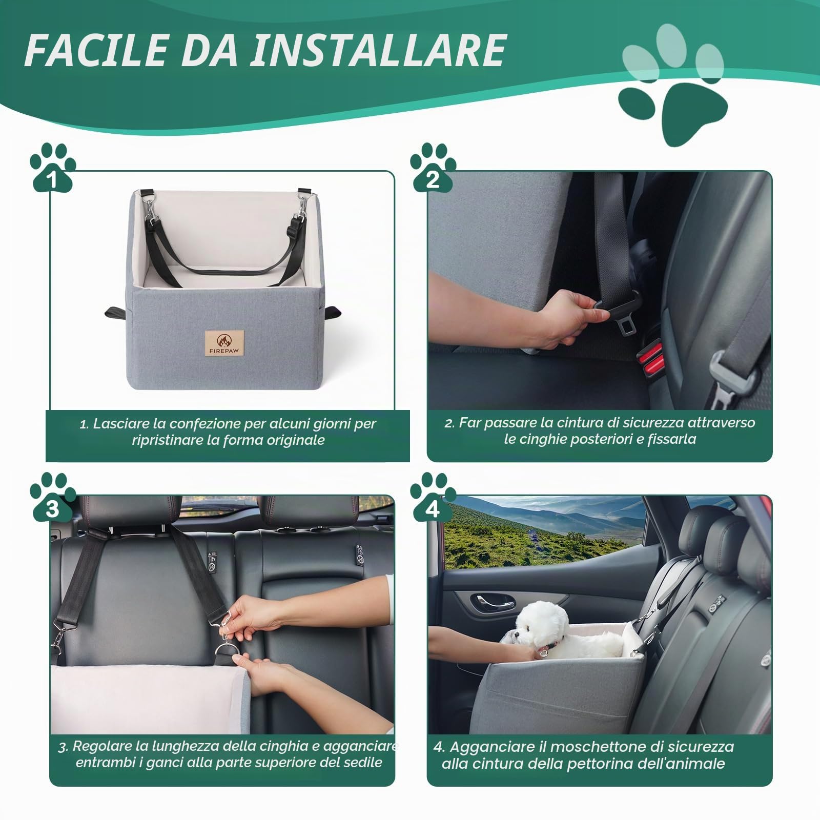 Seggiolino auto per cani fino a 15 kg, seggiolino rimovibile e lavabile con cinture di sicurezza, grigio Seggiolino auto per animali domestici rialzato, Car Dog Seat (Medium,Grey