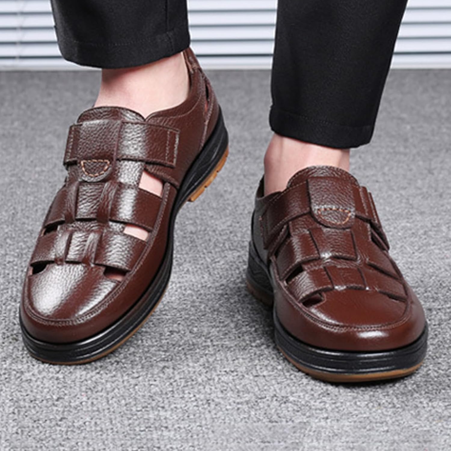 Sandalias huecas para hombre con puntera cerrada, de piel, ligeras, antideslizantes, transpirables, ajustables, para senderismo, informales, caminar, atléticas, para deportes al aire libre