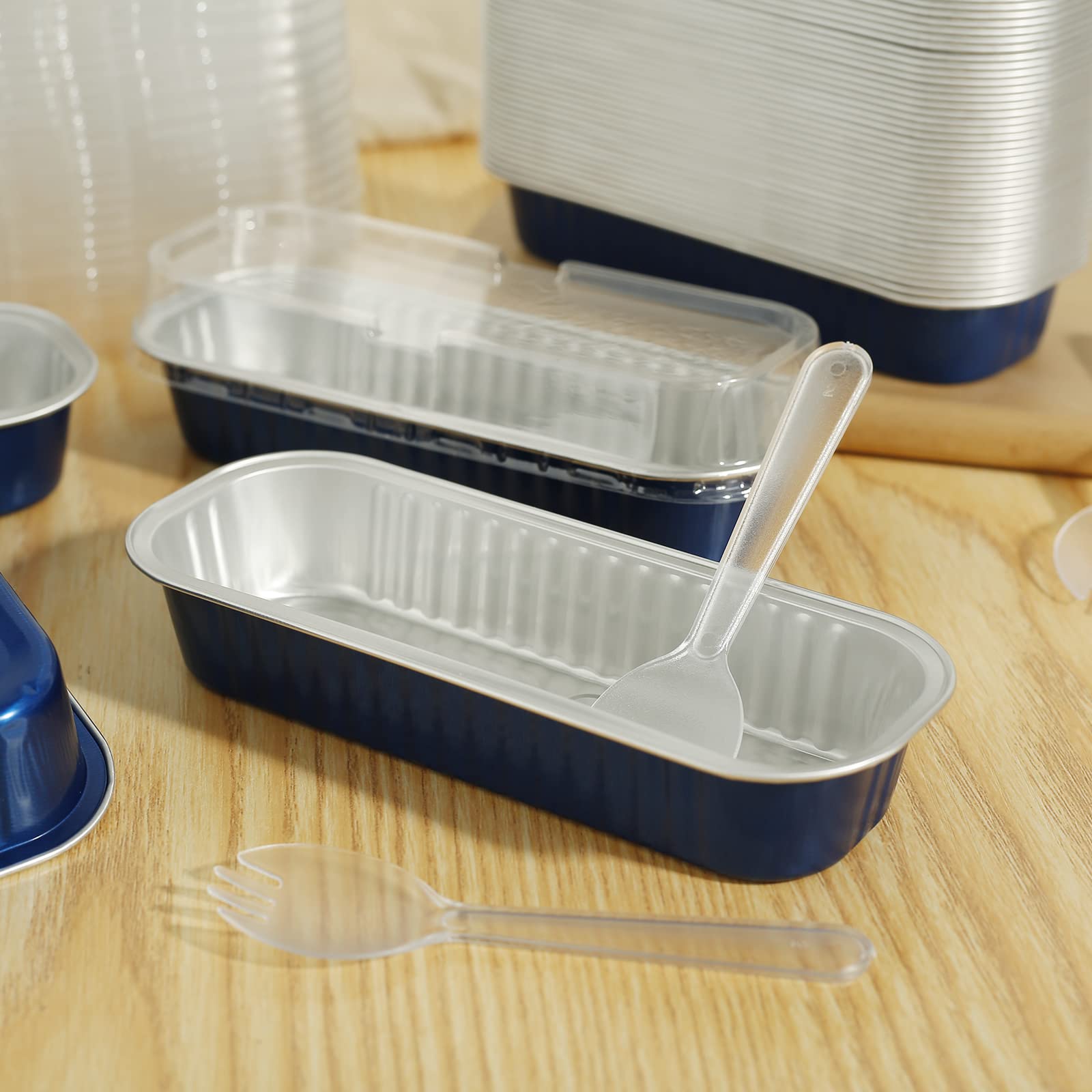 150 mini moldes para tartas con tapas, cucharas de 200 ml, mini moldes para hornear pan, moldes de aluminio para hornear en el hogar y la cocina (color azul piedra preciosa)