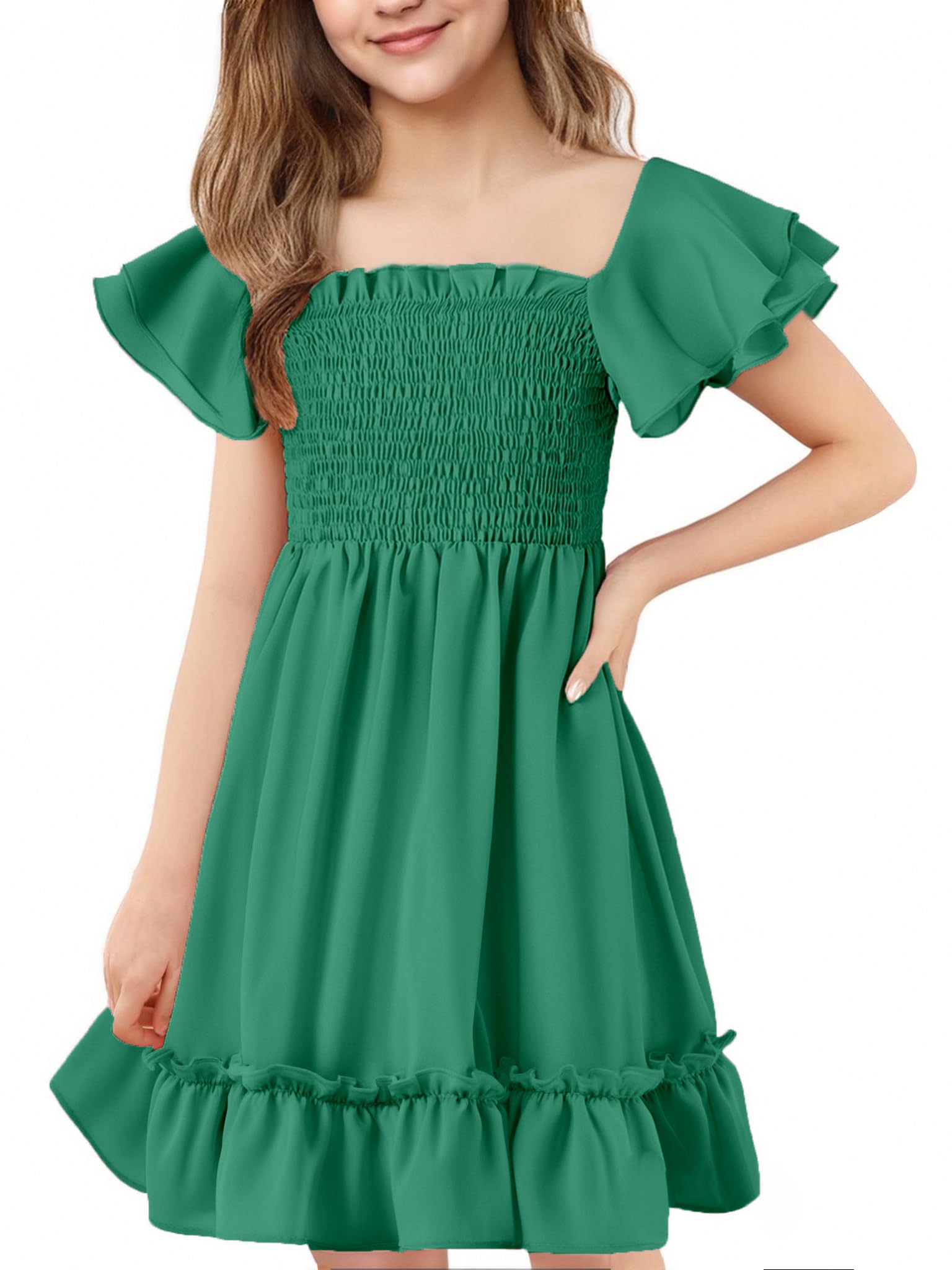 Girls Summer Dress Cute Double Layer Ruffle Sleeve Smocked Off Shoulder Dresses 5-14 Years
