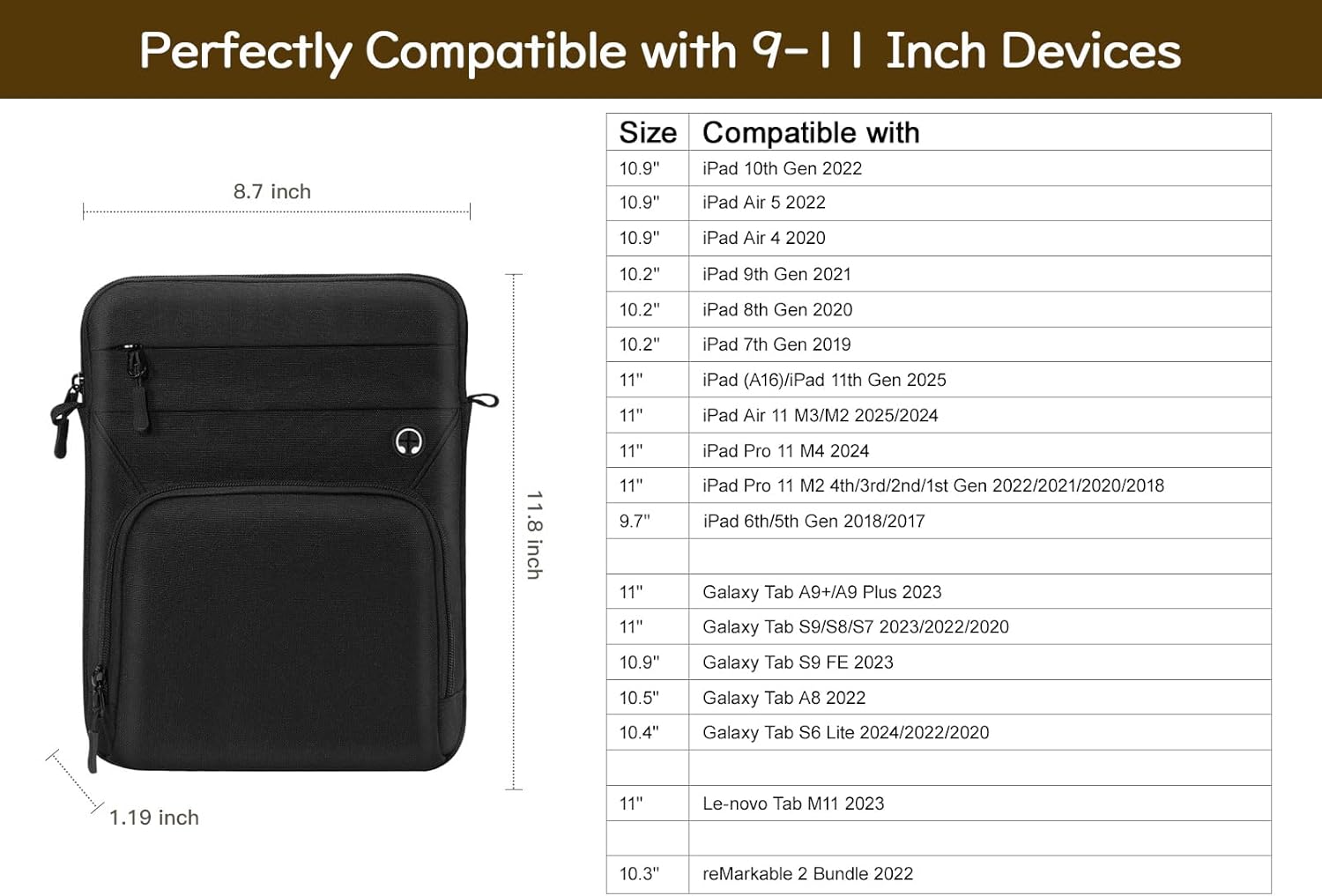 Dadanism 9-11 Inch Tablet Sleeve Bag with Shoulder Strap for iPad 10th Gen 10.9" Air 5/4, iPad (A16) 11", i-Pad 9/8/7th Gen 10.2", i-Pad Air/Pro 11", Galaxy Tab A9+ Plus 11", reMarkable 2 10.3",Black - Image 3