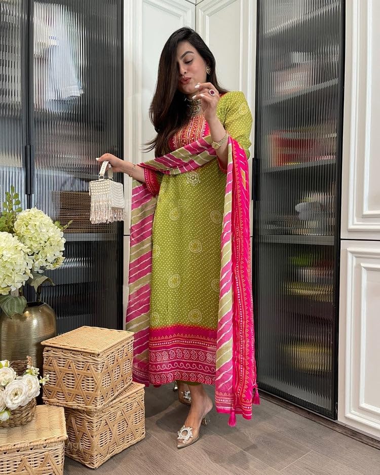Image of GoSriKi Women's Viscose Straight Kurta Set with Pant & Dupatta | Bandhej Printed Suit Set | Ethnic Festive Dress