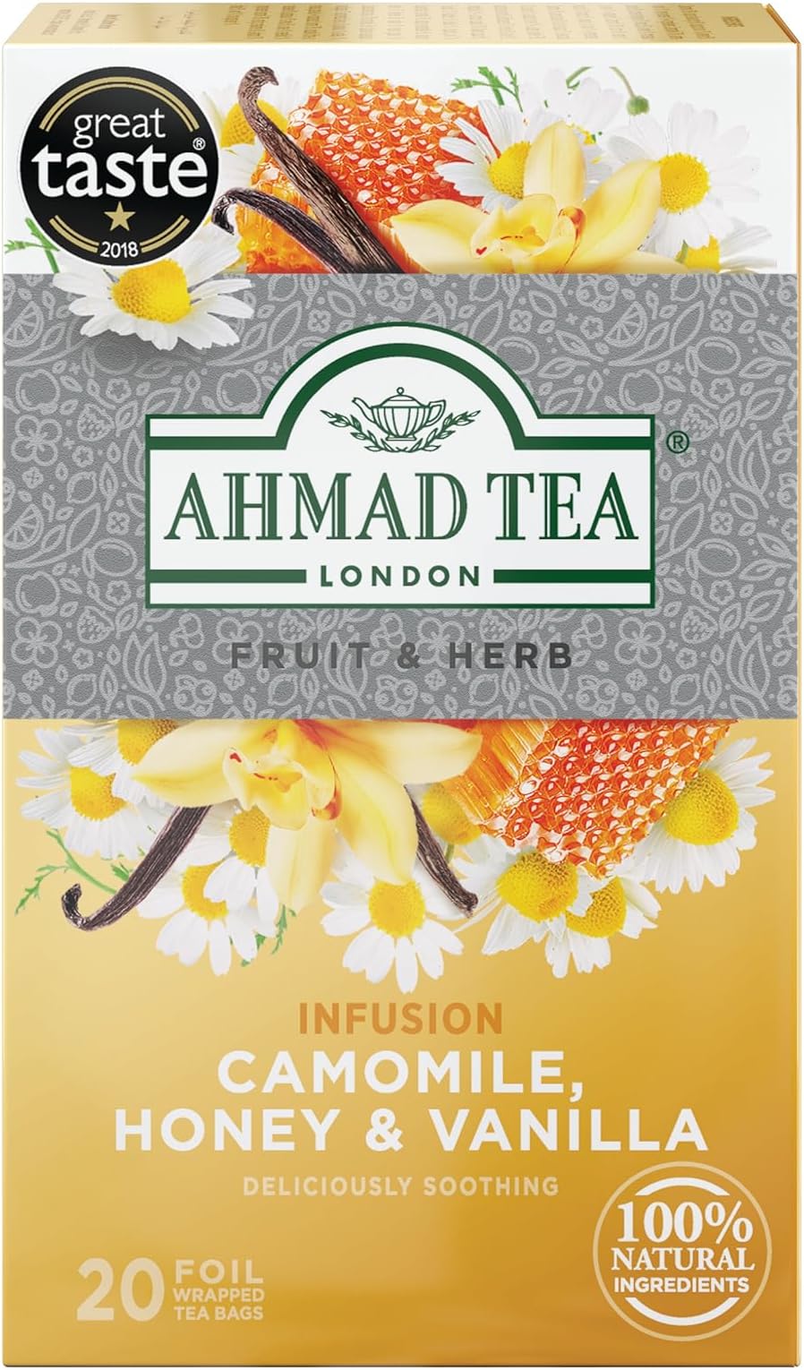 Ahmad Tea Herbal Tea, Camomile, Honey, & Vanilla Teabags, 20 ct (Pack of 6) - Decaffeinated & Sugar-Free