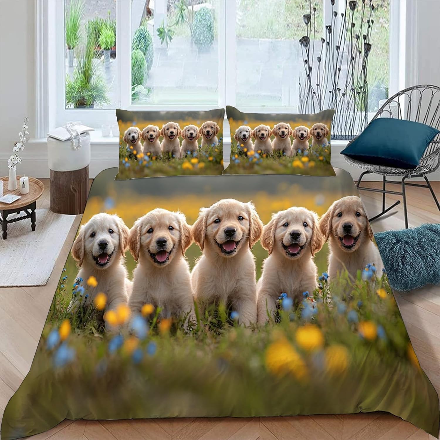 Komplet pościeli 220 x 240 cm, Golden Retriever, miękka pościel z mikrofibry, poszewka na kołdrę z nadrukiem 3D, urocze zwierzęta i zwierzęta domowe, 3-częściowy, poszwa na kołdrę z zamkiem