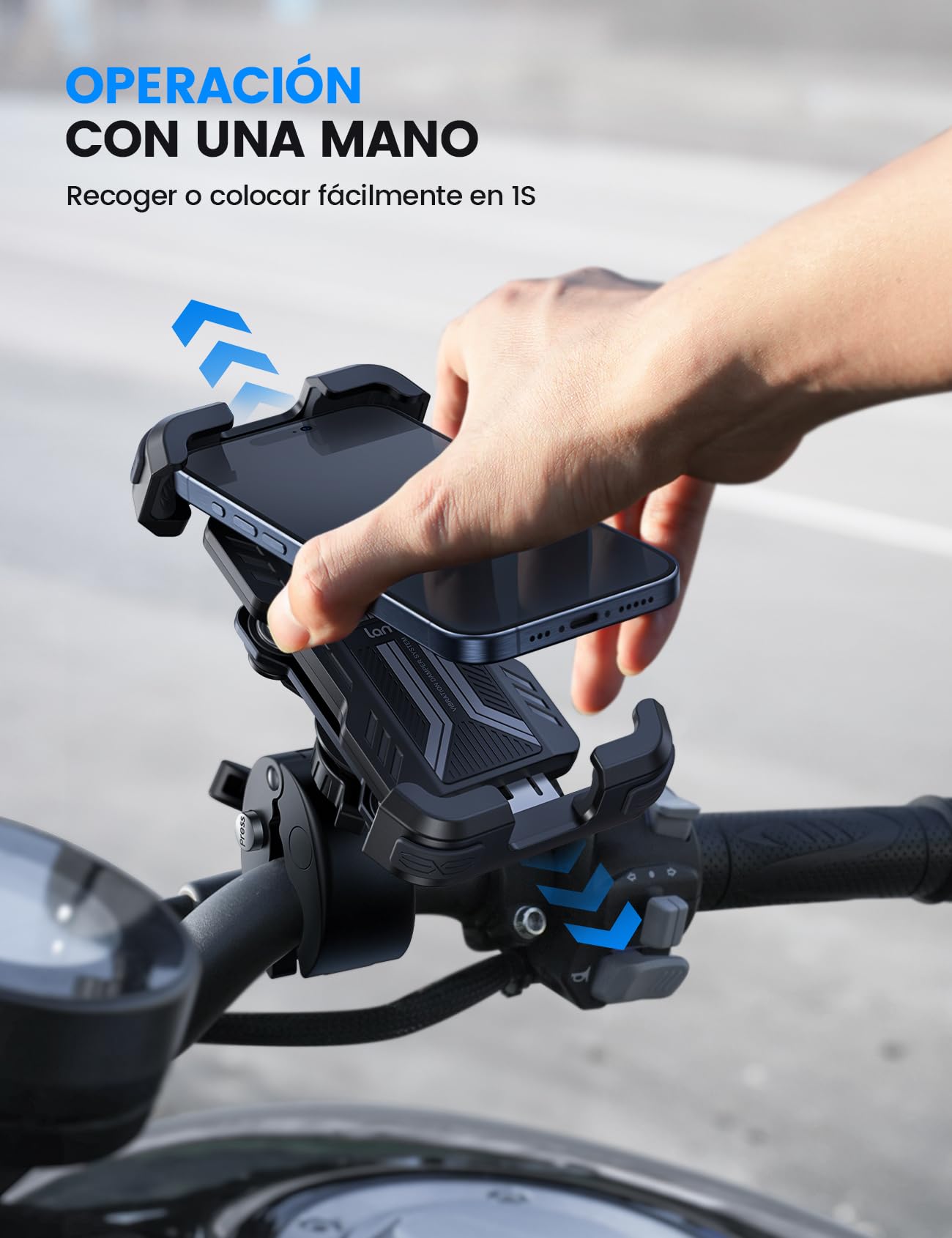 Lamicall Soporte Móvil Moto Antivibración - [con Doble Amortiguador] 360°Rotación, 1S Liberación con un Botón, Soporte Teléfono Bicicleta para iPhone 17 16 15 14 13 Series, Huawei, 4,7-6,8” Smartphone