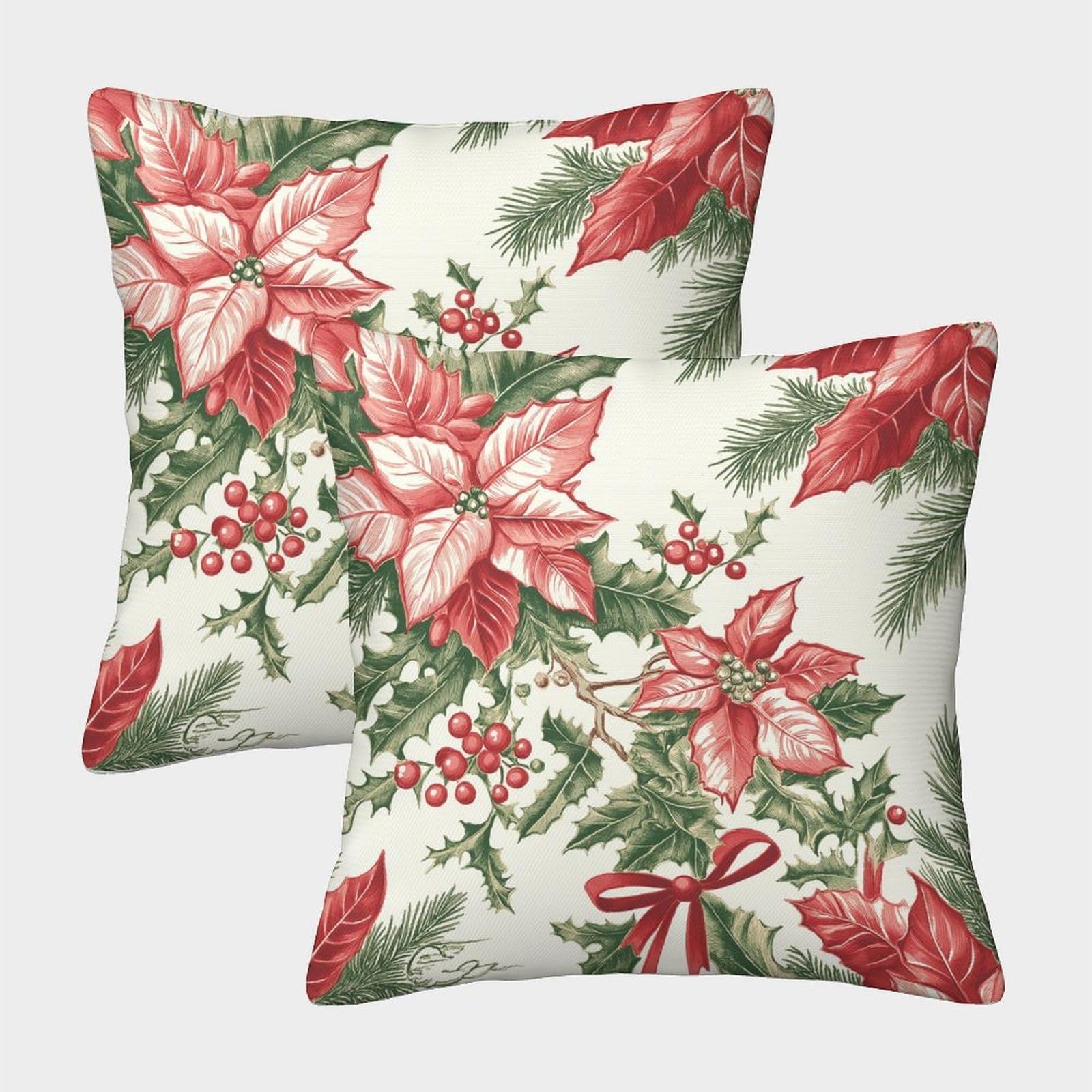 kaiyun 2 Pack Seamless Botanical Print Pattern Pillow Case 40x40cm Throw Pillow Case,Modern Decoration Pine Branches Poinsettia Pattern for Terrace Sofa Bedroom Indoor Outdoor Party