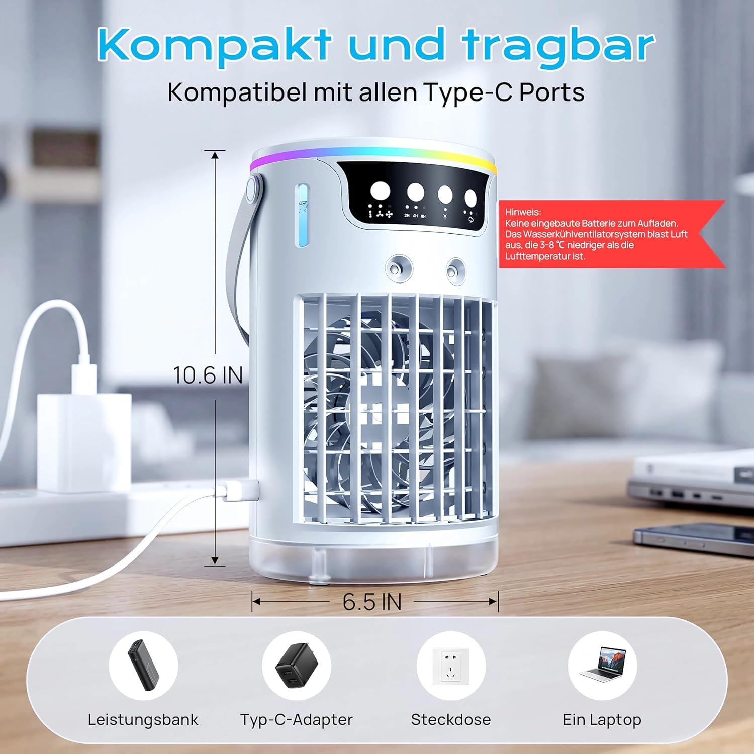 Mini klimaanlage, 1200ml Mobile Klimaanlage mit 3 Geschwindigkeiten & 2-4-8H Timer, Klimaanlage mobil für Schlafzimmer Büro Schreibtisch