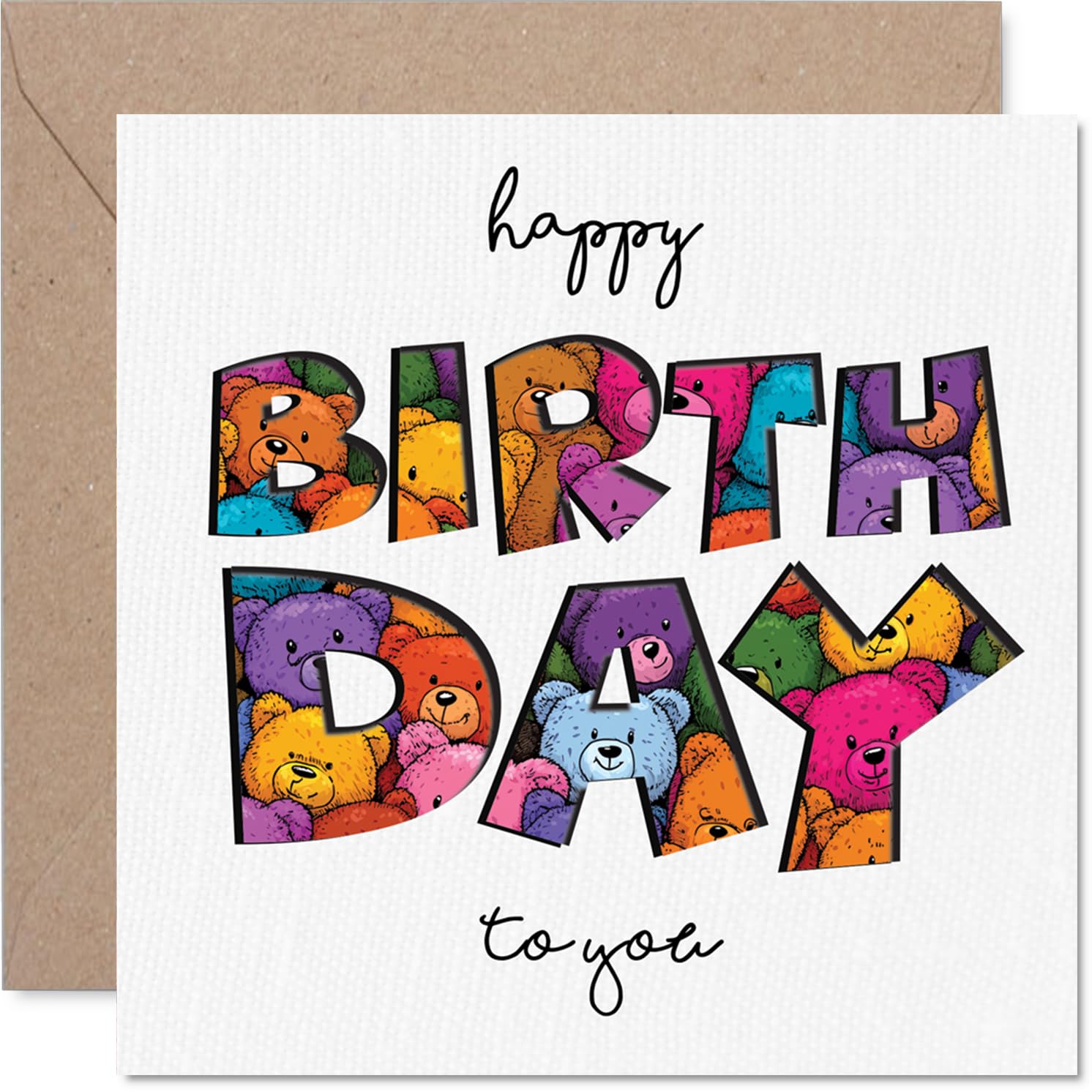Playful Birthday Card - Bursting with Cheer - Cartoon Bears and Vibrant Lettering - A Lively Way to Send Birthday Smiles - 145mm Square, Envelope Included