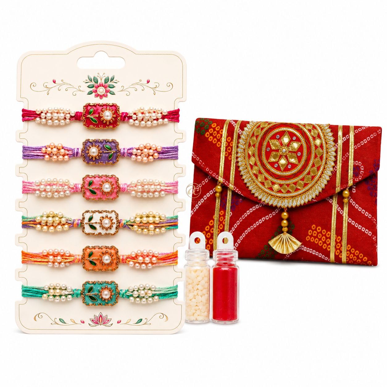 Arrakasta Crafts Rakhi Combo with Bandhani Cash Shagun Bandhej Envelope Clutch Purse for Women, Rakhi Gift for Sister Bhabhi (6 Pastel Colour Resin Flower Rakhi with 1 Bandhani Envelope)-picture-16