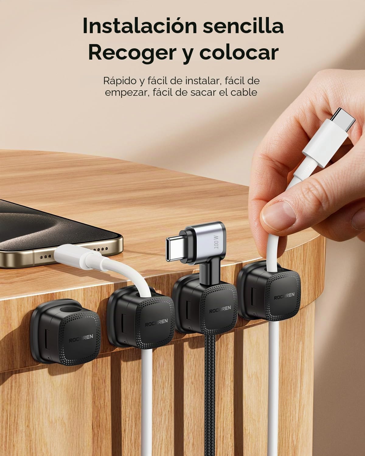 Rocoren 30 Pack Clips Magnéticos para Cables, Soporte Organizador de Cables Adhesivo para el Hogar la Oficina, el Escritorio el teléfono el Coche la Pared el Escritorio la Mesita de Noche (Negro)