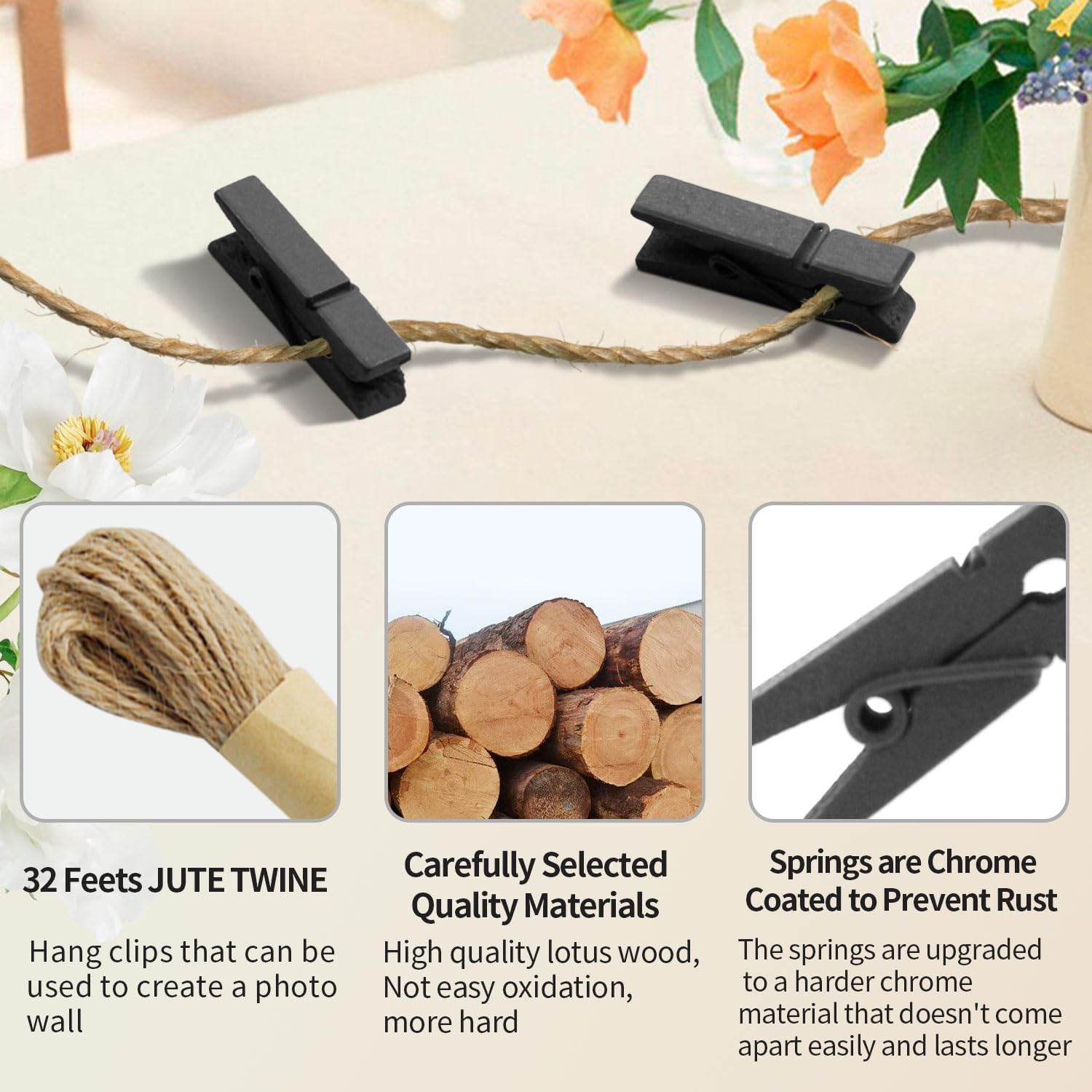 1.35 Inch Mini Clothes Pins for Photo100 Pcs with 32 Feet Jute Twine, Mini Clothes Pins for Crafts, Wooden Small Clothespins for Pictures, Tiny Decorative Clothespins for Baby Shower - Black image 3
