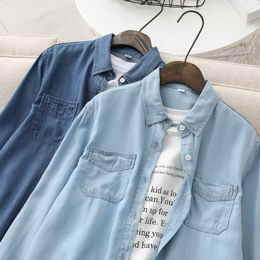 MIDJ Bluse Damen,Damen Denim Hemdjacke Basic Blau Seidenartige Weiche Jeanshemd Tunika V-Ausschnitt Lässiges Revers Businesshemd Lange Ärmel Vintage Knopf Übergangsjacke für Mädchen,Hellblau,S