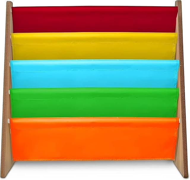 Unibos | Kids Colourful Sling Storage Bookshelf | Wooden Bookshelf | Easy Access | With Nylon Fabric Shelves | Perfect Height for Your Little Reader | for Toddlers Bedroom Playroom | 4-Pockets