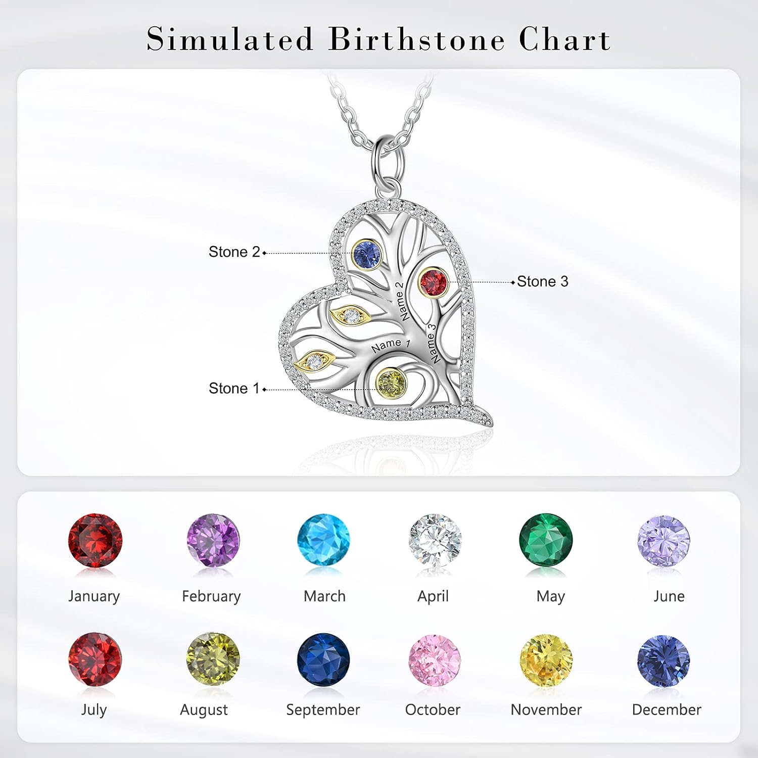 GLAMCARAT Sterling Silver Personalized mothers necklace with stones engraved jewelry for women tree of life birthstone pendant gift for mom her sister grandma