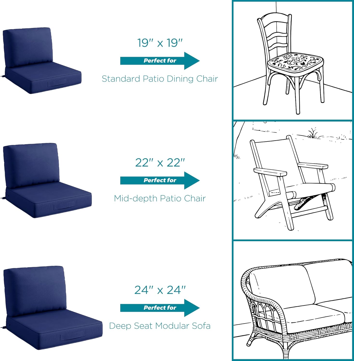 Codi Outdoor Chair Cushions for Patio Furniture 24x24, Waterproof Deep Seat Cushion Replacement for Outside Couch, Sofa, Washable Removable Cover with Handle & Adjustable Straps, Navy