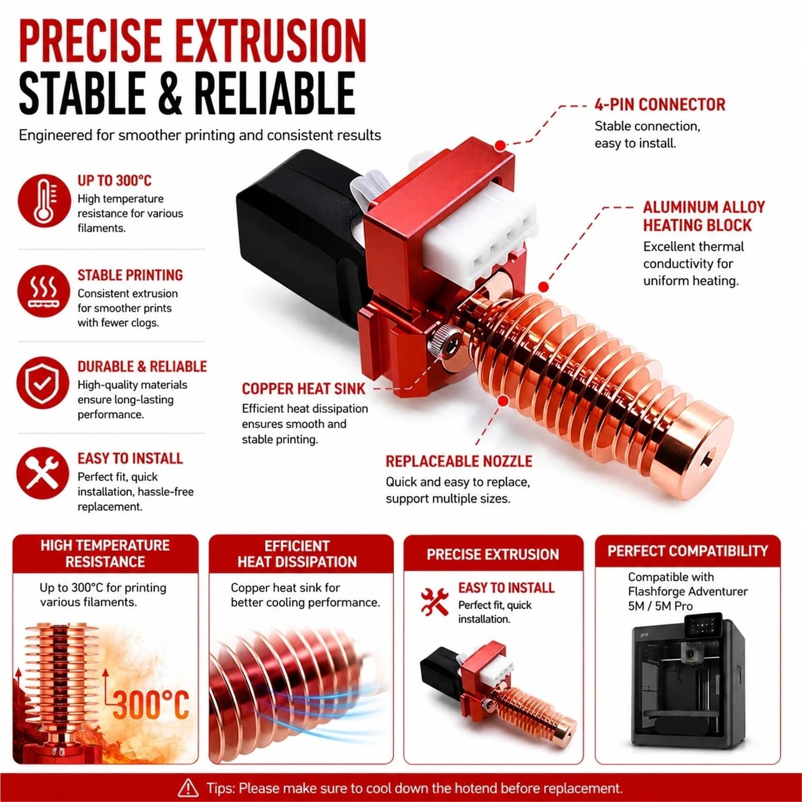 Compatible For FLASHFORGE Adventurer 5M/5M Pro, Kit Hotend En Céramique