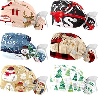 Unisex 6 Psc Scrub Caps Women with Buttons Sweatband Hats Scrub Caps for Women, Deer Stag Christmas