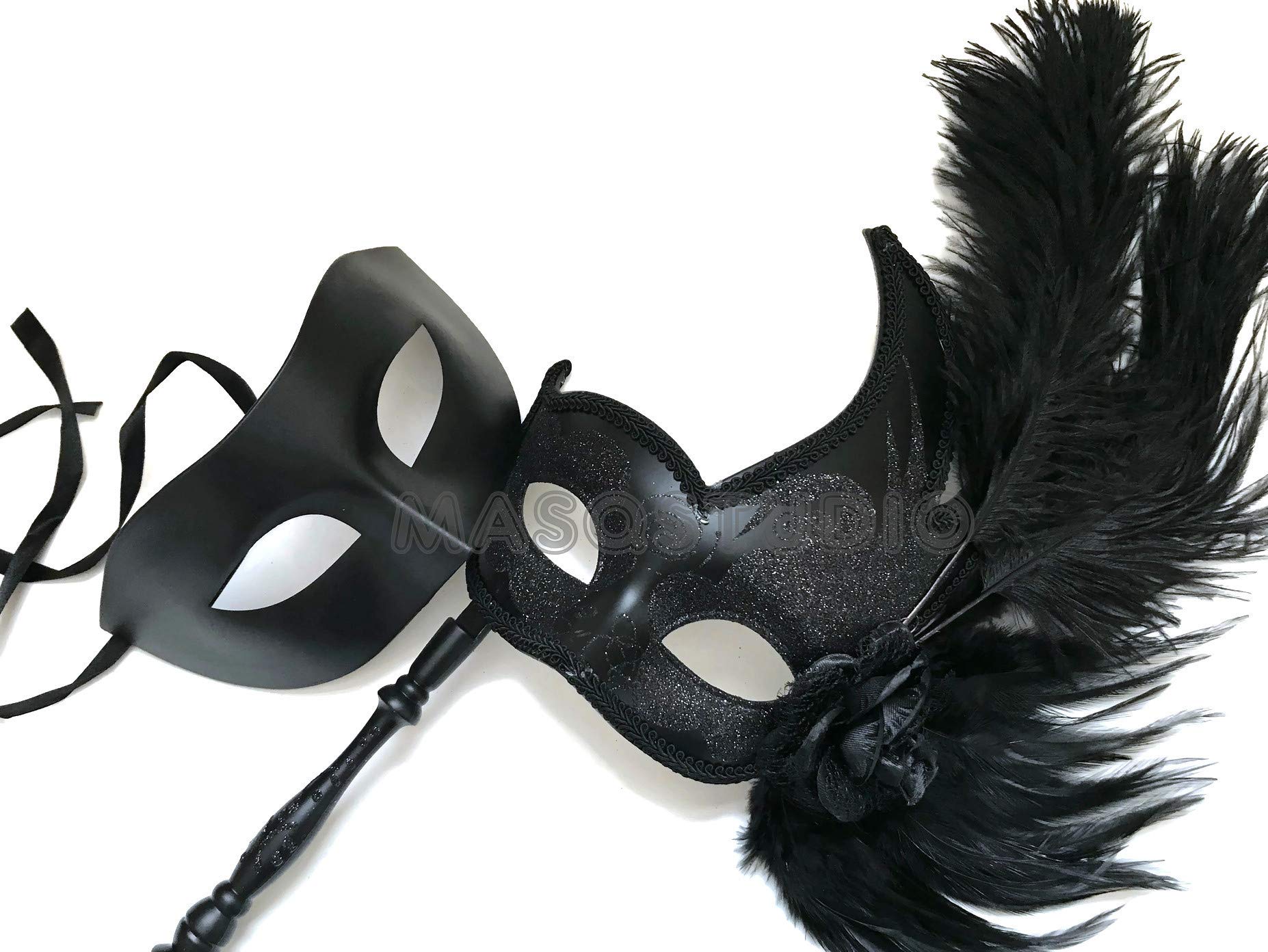 MasqStudio Black Masquerade Ball Mask Pair Ostrich Feather Cosplay Costume New Year Party (Pair for 2 Masks)