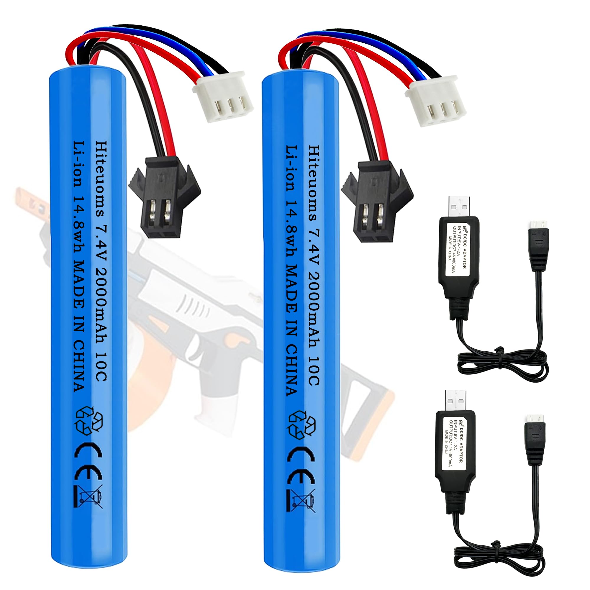 2PCS 7.4V 2000mAh Battery Splatter Ball Gun Battery for Splatrball SRB1200 400 400-SUB Gel Blaster or Airsoft with 2 Pack USB Charging Cable Rechargeable SM2P XH-3 Plug