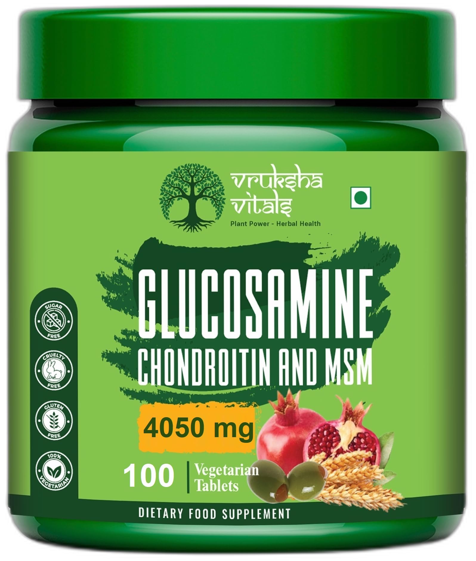 Vruksha Vitals Glucosamine Chondroitin MSM with Collagen and Vit D - 100 Tablets/Capsules Supplement for joints and bones health