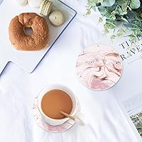 Vista 2 de Juego de 6 posavasos de mármol rosa con base de corcho, posavasos absorbentes con soporte para mesa de comedor, regalos de inauguración de la casa