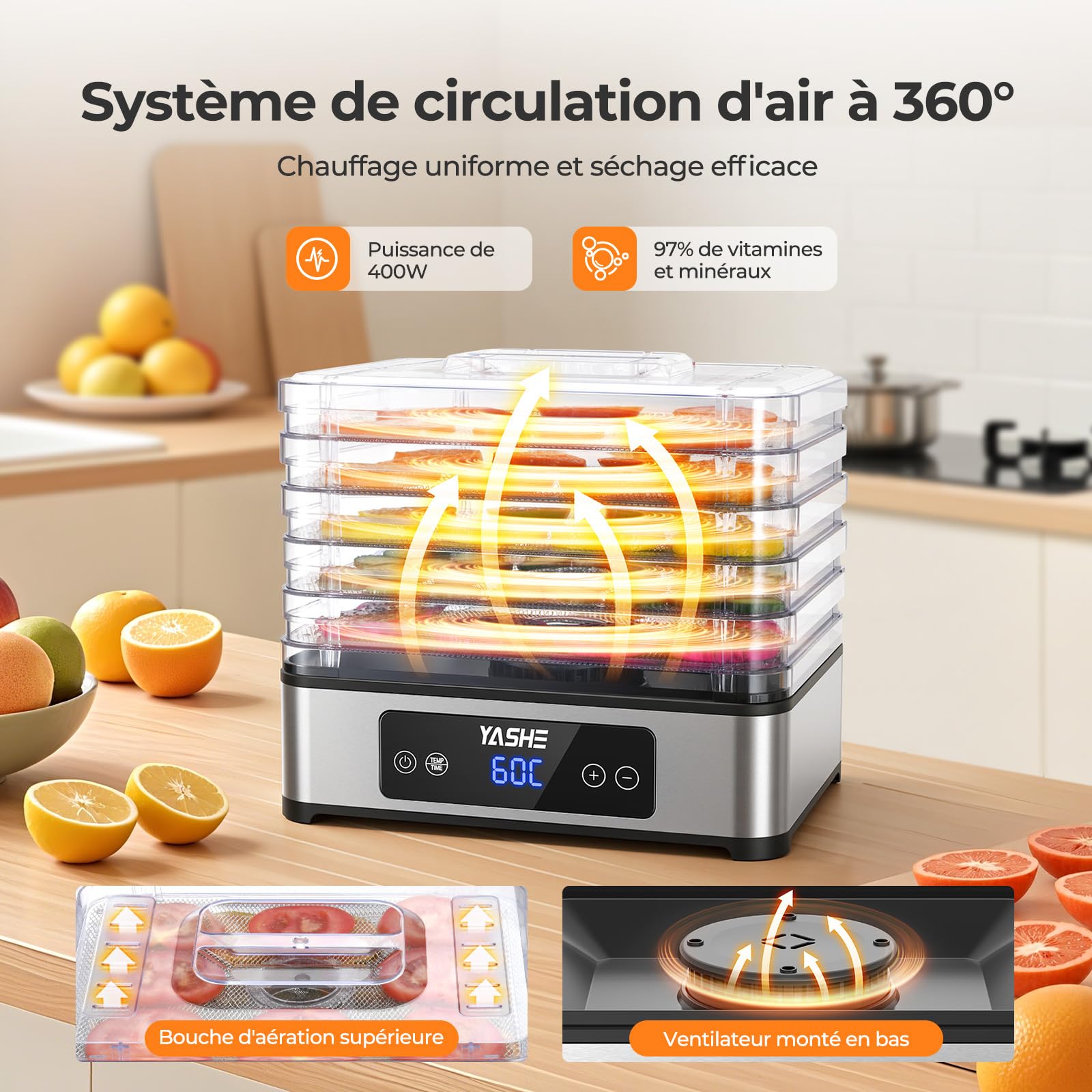 YASHE Déshydrateur Alimentaire, 5 Plateaux En Acier Inoxydable, Minuterie Et Température Réglables, Flux D'Air À 360°, Sans BPA, Déshydrateur 400W Pour Jerky, Fruits, Herbes, Friandises Pour Chiens