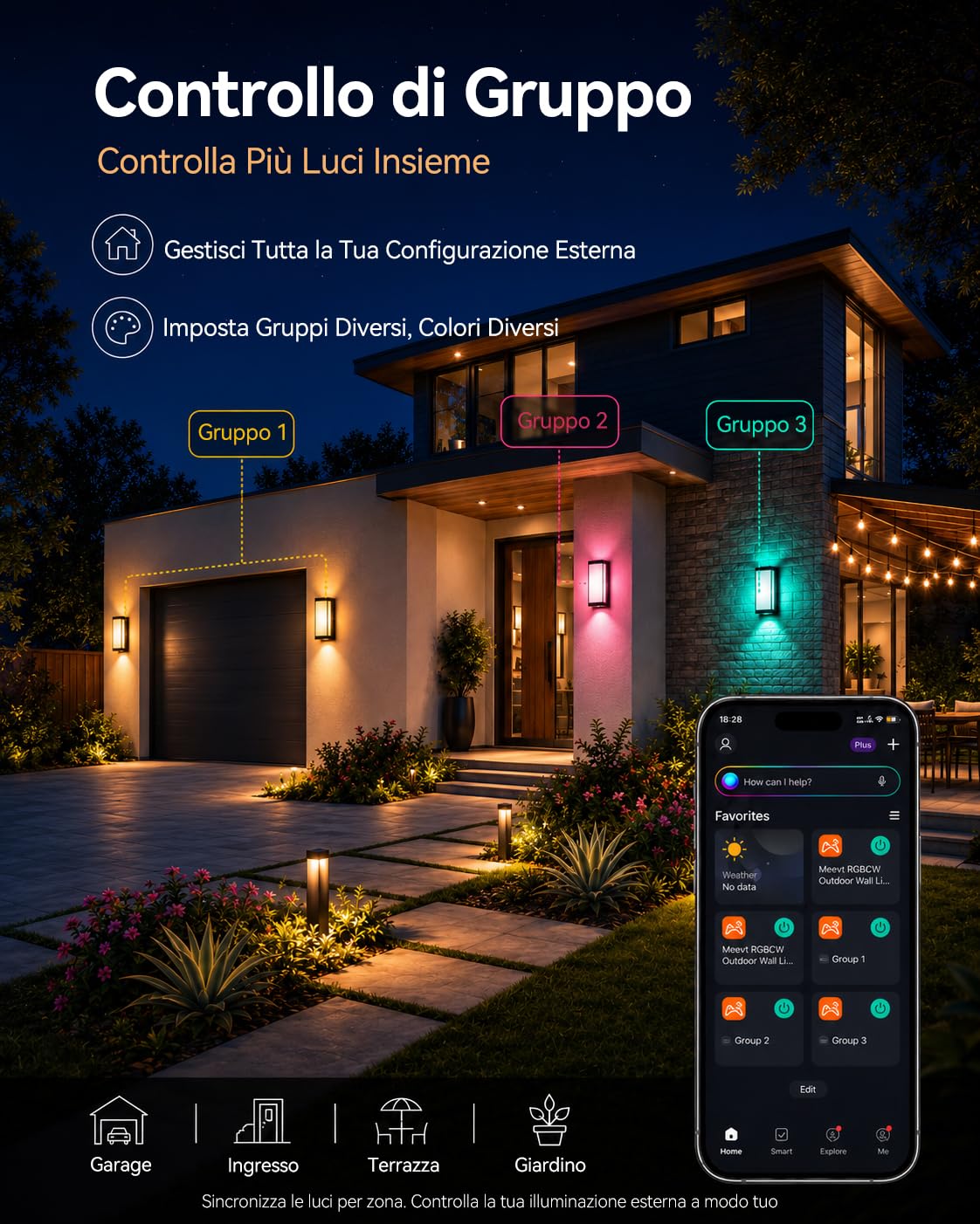 Meevt Lampade da Esterno RGBCW IP65, Smart Applique da Parete Interno, 1 Pz | 1800LM, Illuminazione a 3 Lati, Lampade con Alexa e Google Assistant, Controllo App / Telecomando, Balconi Giardini Garage