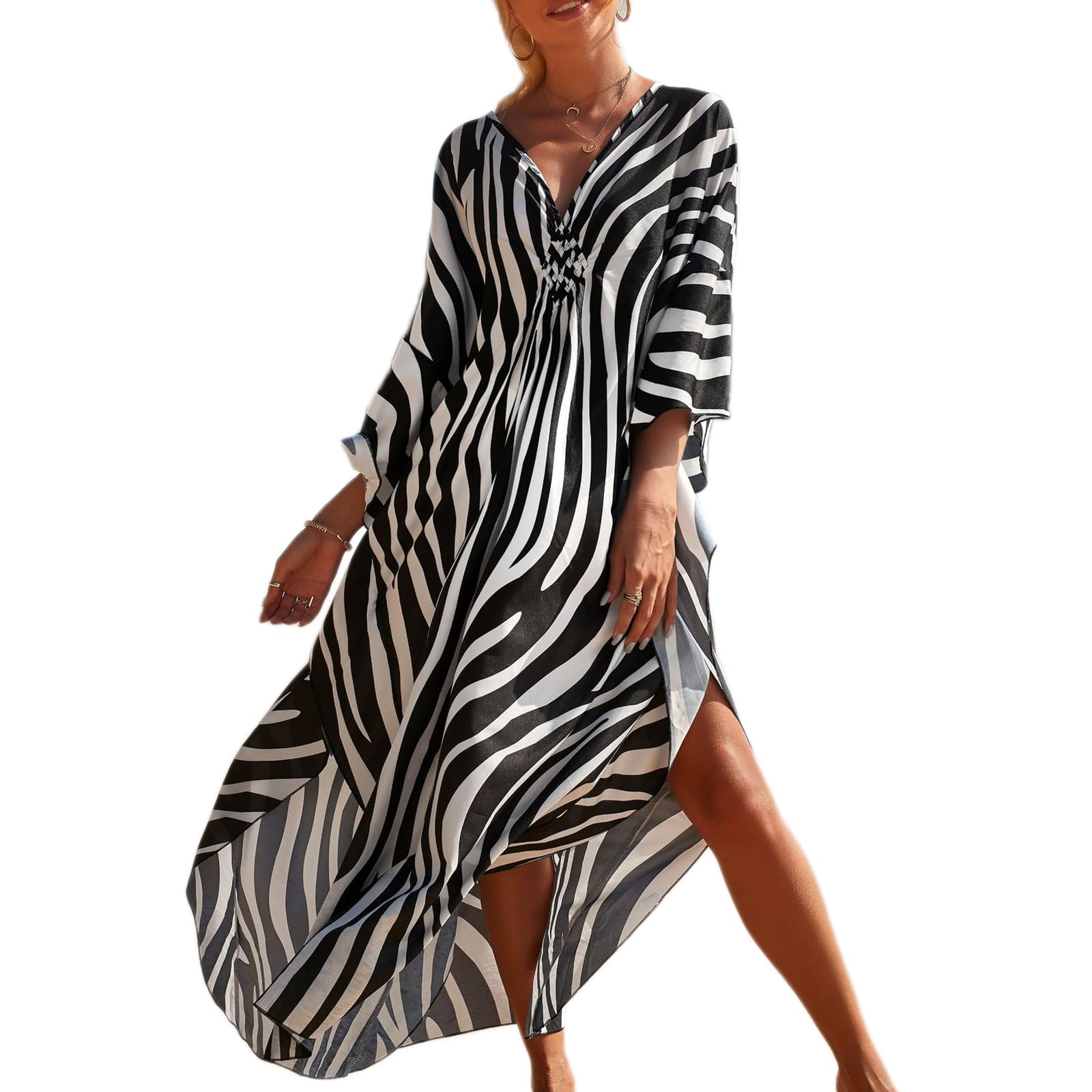 Women's Long Tiedye Kaftan Dress, Print Kimono Maxi Beach Boho Party Dress Plus Size Bathing Suit Cover Ups Batwing Sleeve Print Loungewear