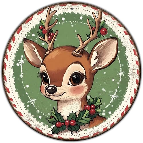 Letrero redondo retro de metal de reno, decoración navideña vintage para pared de café del hogar, 8 x 8 pulgadas