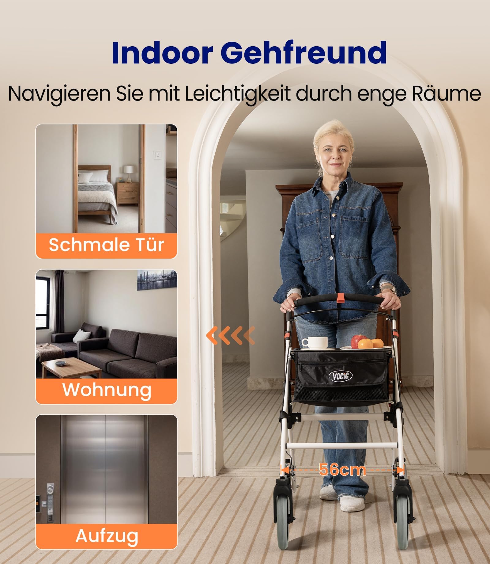 VOCIC Z32 Rollator Schmal für Wohnung,Indoor Rollator Faltbar und Leicht,Stabiler Wohnungsrollator mit Spuer Leiser Anti-Rutsch Reifen,Rollatoren für Senioren Klappbar Tablett,Weiß|5 Jahre Support