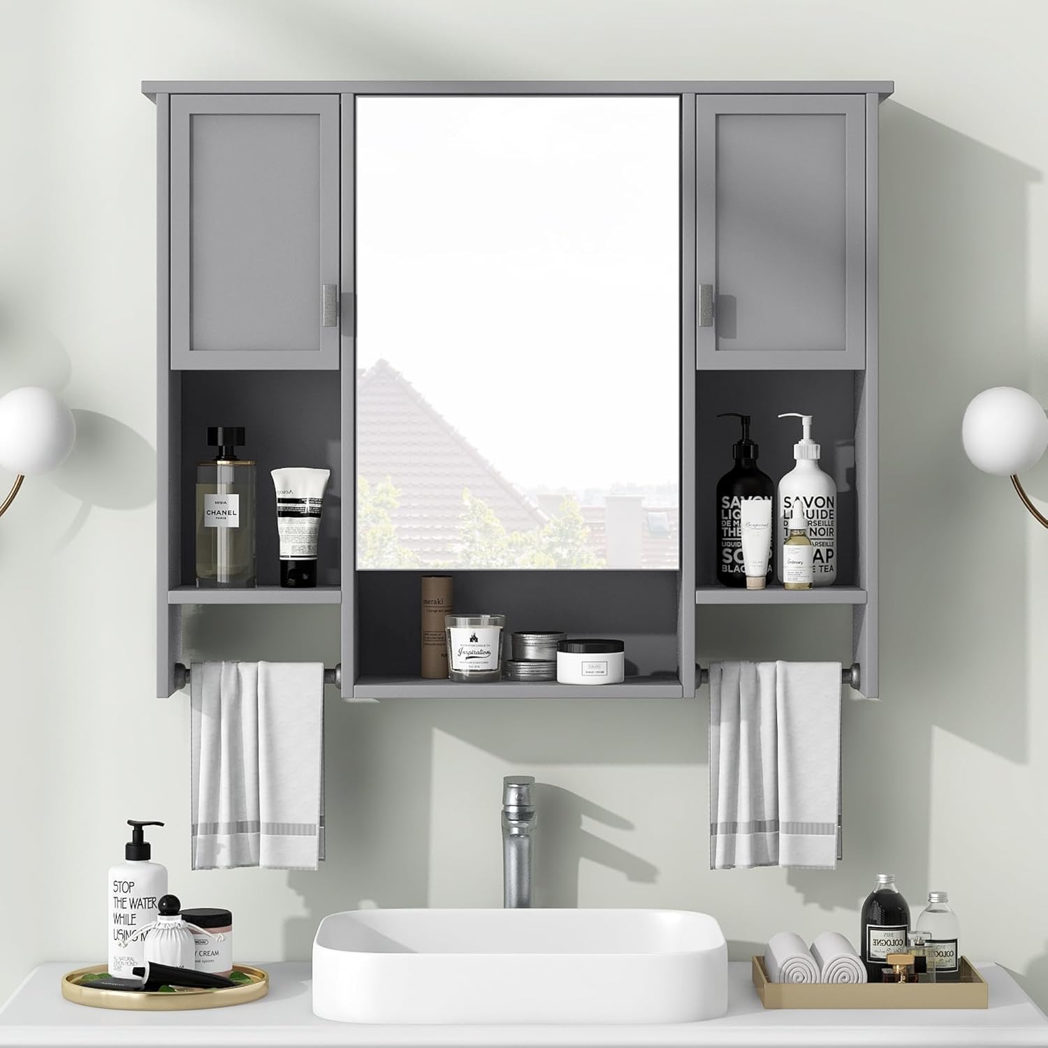 Bathroom Medicine Cabinet, Wall Mounted Bathroom Storage Cabinet with Mirror, Open Shelf, Side Cabinet and Towel Bar, Over The Toilet Mirrored Cabinet, 35" W x 28.7" H