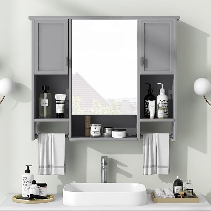 Botiquín de baño con espejo y toalleros gris 35 pulgadas miniatura 2