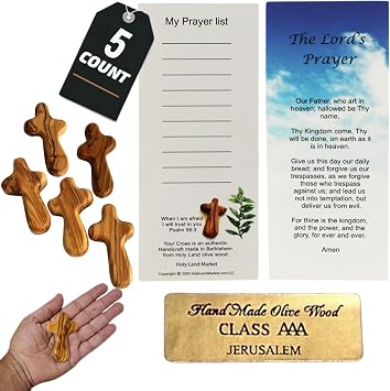 Holy Land Market Olive Wood Pocket Cross 2.5" - Handmade Jerusalem Palm Crosses | Small Wooden Crucifix Christian Gifts with Certificate & Prayer Card | Meditation & Prayer Crosses 5 Count