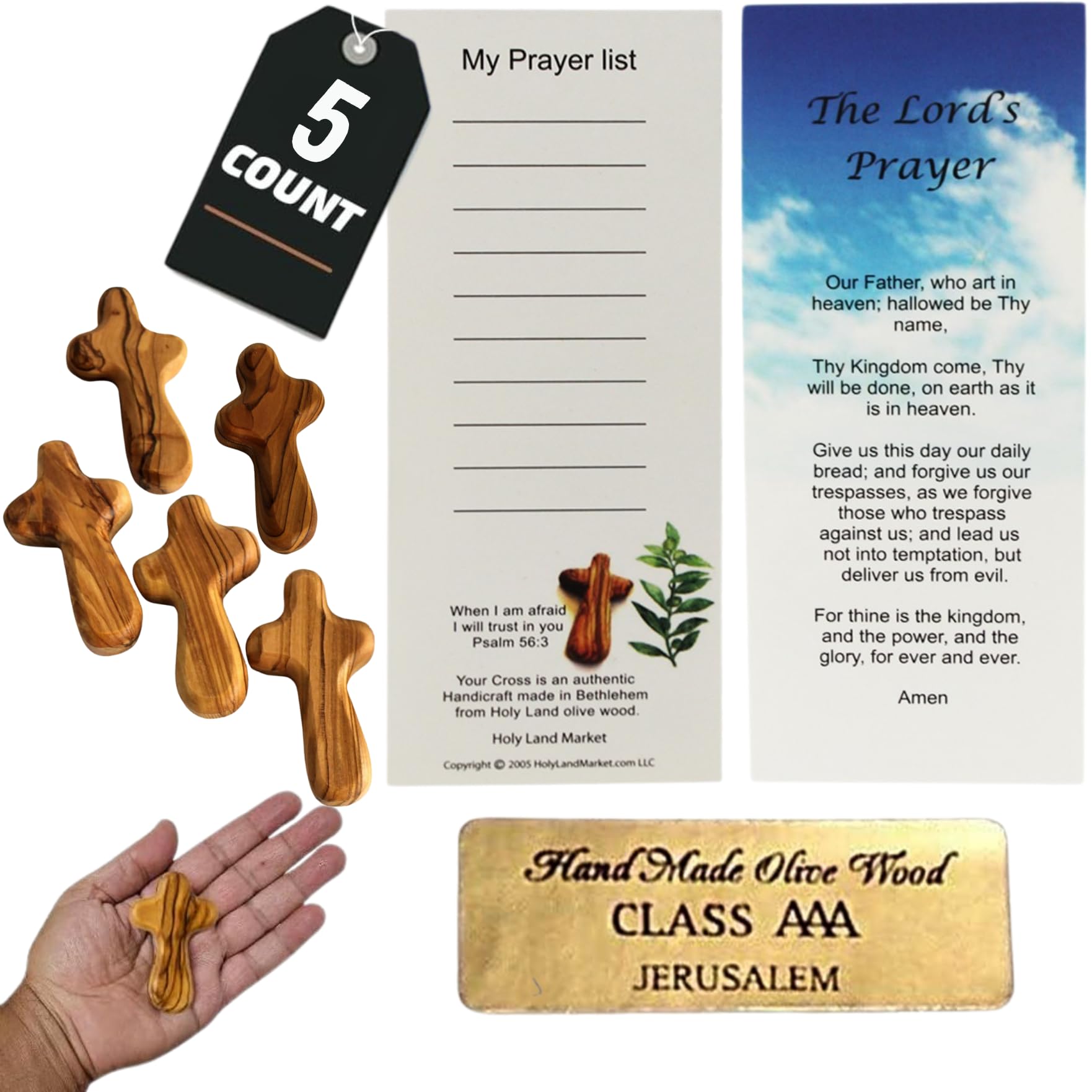 5 Olive Wood Crosses From the Holy Land - 2.5 Inch Pocket Palm Crucifix | Handmade Jerusalem, Bethlehem Israel - Gifts by Christians with Certificates -Holy Land Olive Wood Cross x5