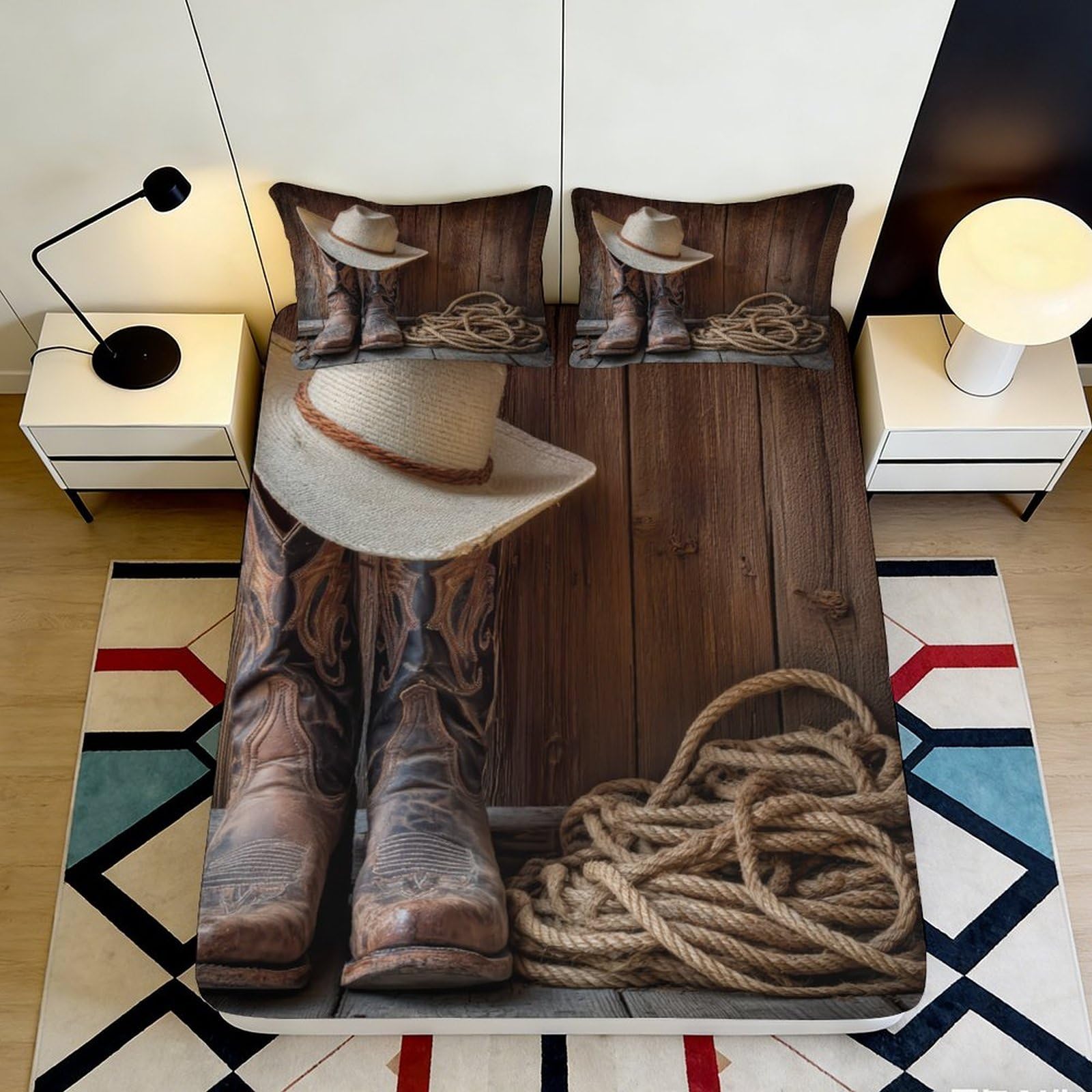 3D Printed Cowboy Boots Fitted Sheet Microfiber Soft Rustic Western Hat Bed Cover Bedroom Decor 90x200x25cm