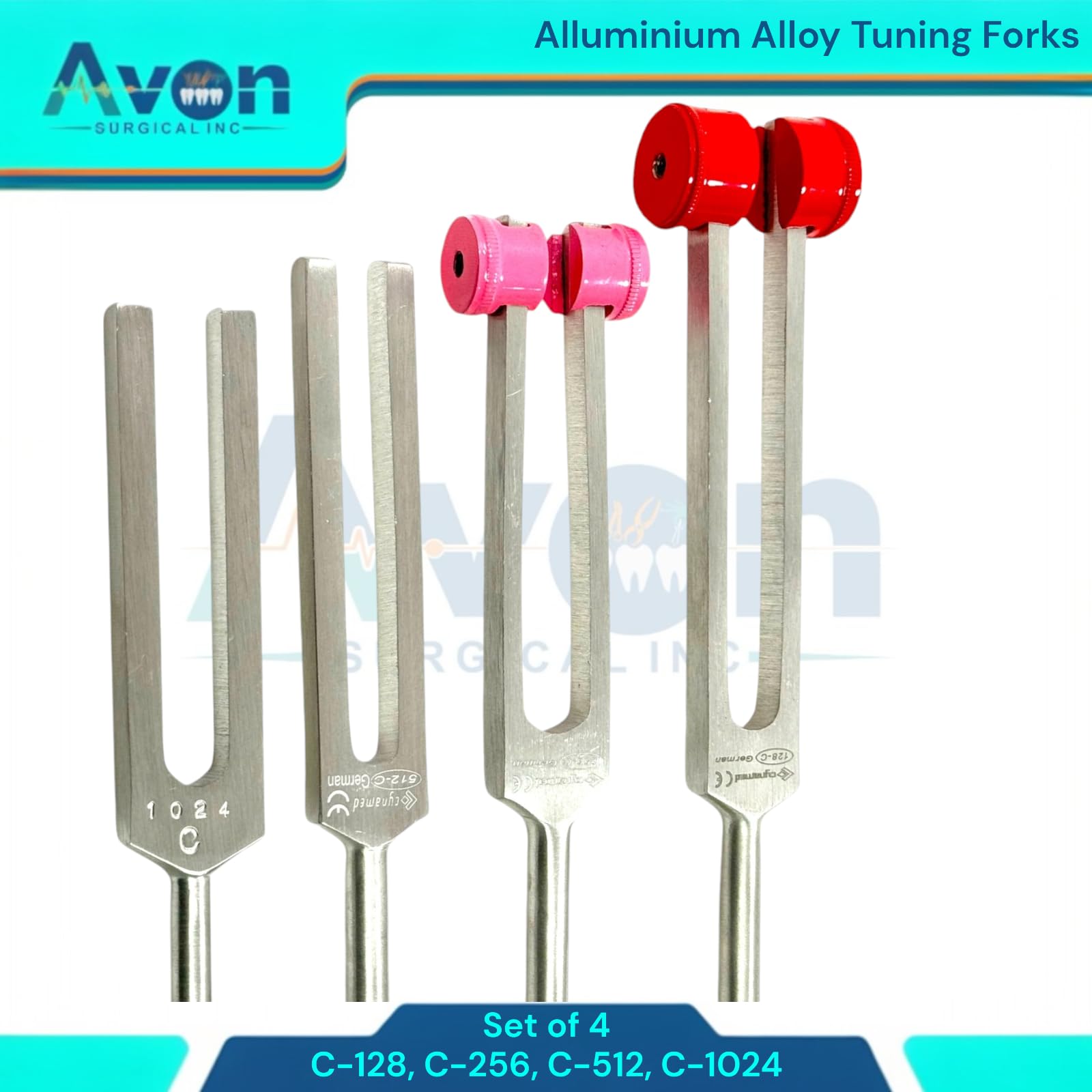 4 Pack | Sensory Diagnostics Tuning Forks C-128, C-256, C-512, C-1024 - Essential Bundle, Non-Magnetic Aluminum Tuning Forks