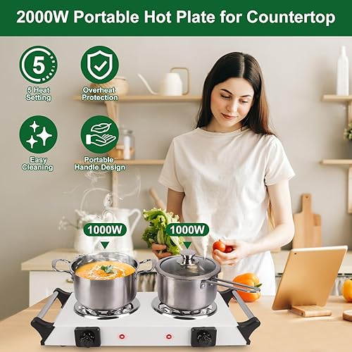 Miniatura 31 de Estufa eléctrica portátil, estufa eléctrica de doble quemador de 2000 W, quemadores infrarrojos para cocinar, quemadores dobles con placa de vidrio
