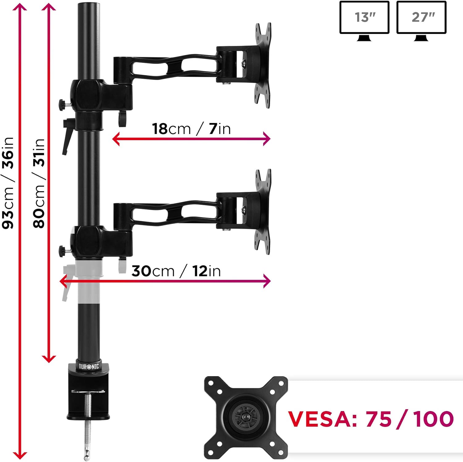 Duronic DM35V2X2 Arm for 2 Computer Monitors with Extension | Vertical Dual Monitor Articulated Ergonomic Desktop Stand | VESA 75 100 | Height Adjustable | Rotatable Tilt Swivel