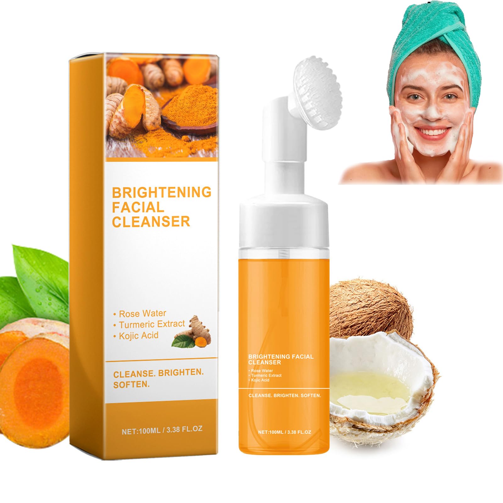 Turmeric Foaming Cleanser, Turmeric Face Wash with Kojic Acid, Facial Cleanser Balance Skin Oil & Water, Gently Exfoliate 100ml