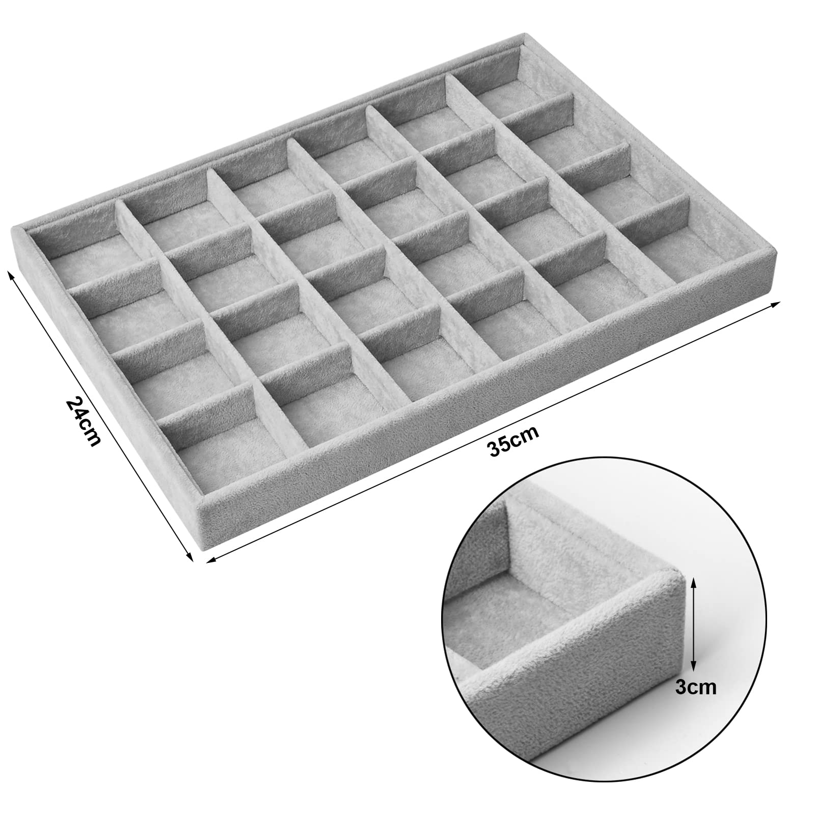 24 Grids Samt Schmucktablett für Schublade, Schmuckaufbewahrung Stapelbar Schmuck Organizer, Schubladeneinsatz Aufbewahrungssystem Schmuck Tablett für Ohrringe Ringe Ketten Armband, 35x24x3cm (Grau)
