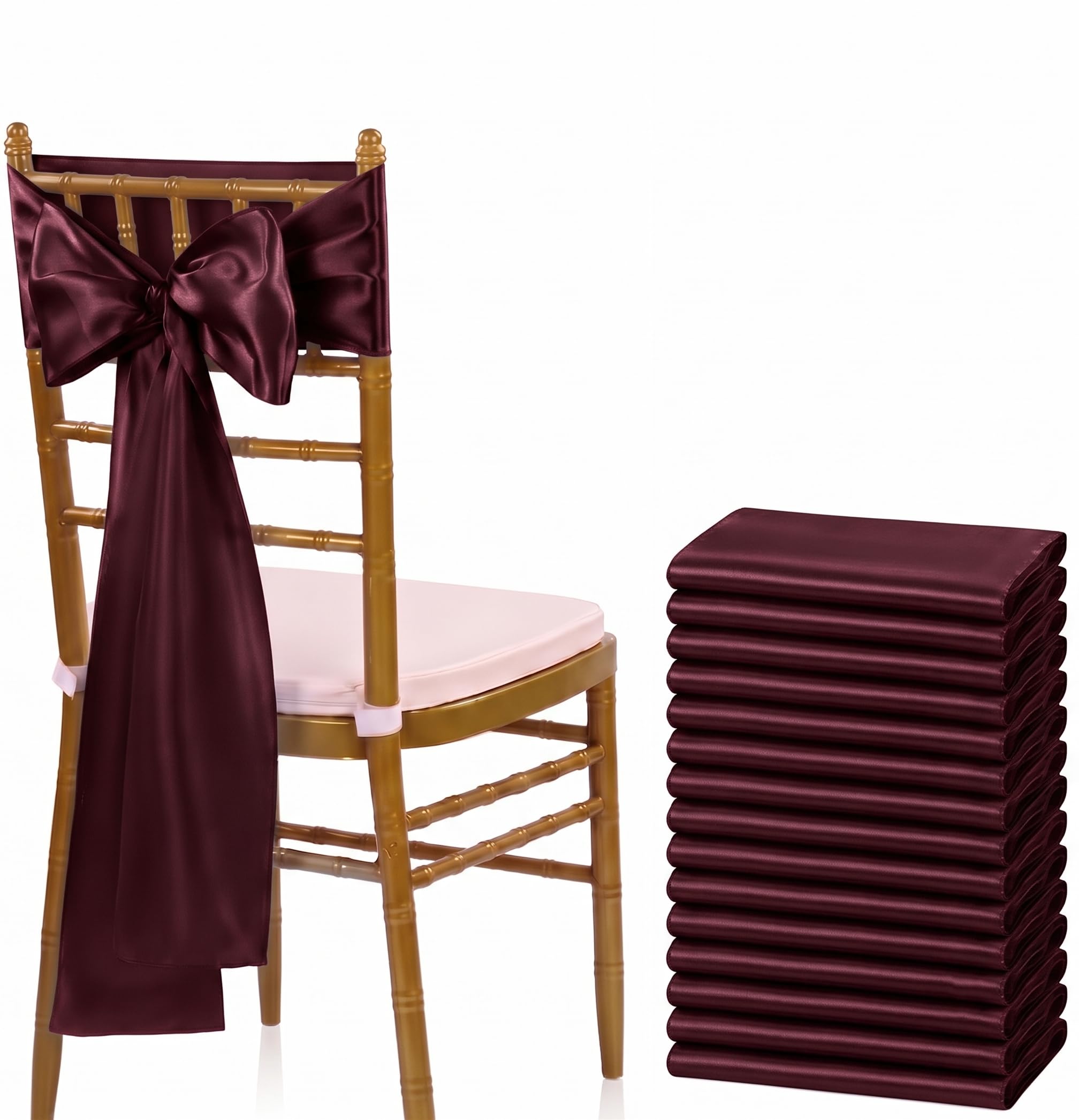 VDS Pack of 10 Satin Chair Sashes for Weddings & Events Décor | Soft Shiny Sateen Dining Chair Bows for Banquet, Party, Reception | Reusable Decorative Sash for Folding & Chiavari Chairs - Burgundy