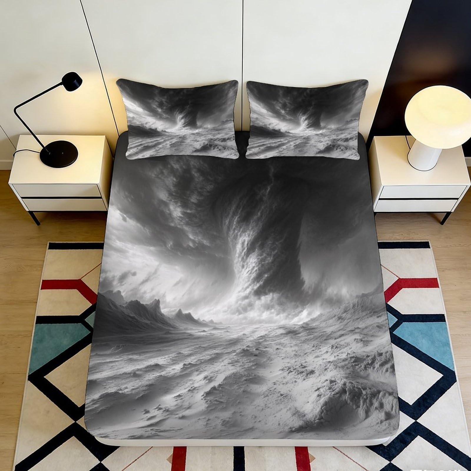3D Printed Storm Cloud Fitted Sheet Microfiber Deep Pocket Non-Slip Bedding Storm Cloud Mattress Fitted Cover Washable Home Protection 160x200x25cm