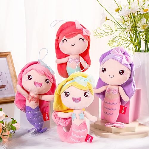 Miniatura 5 de Civaner 4 juguetes de peluche de princesa sirena para niñas, animales de peluche de sirena pequeña, muñecas de princesa del océano, decoraciones de