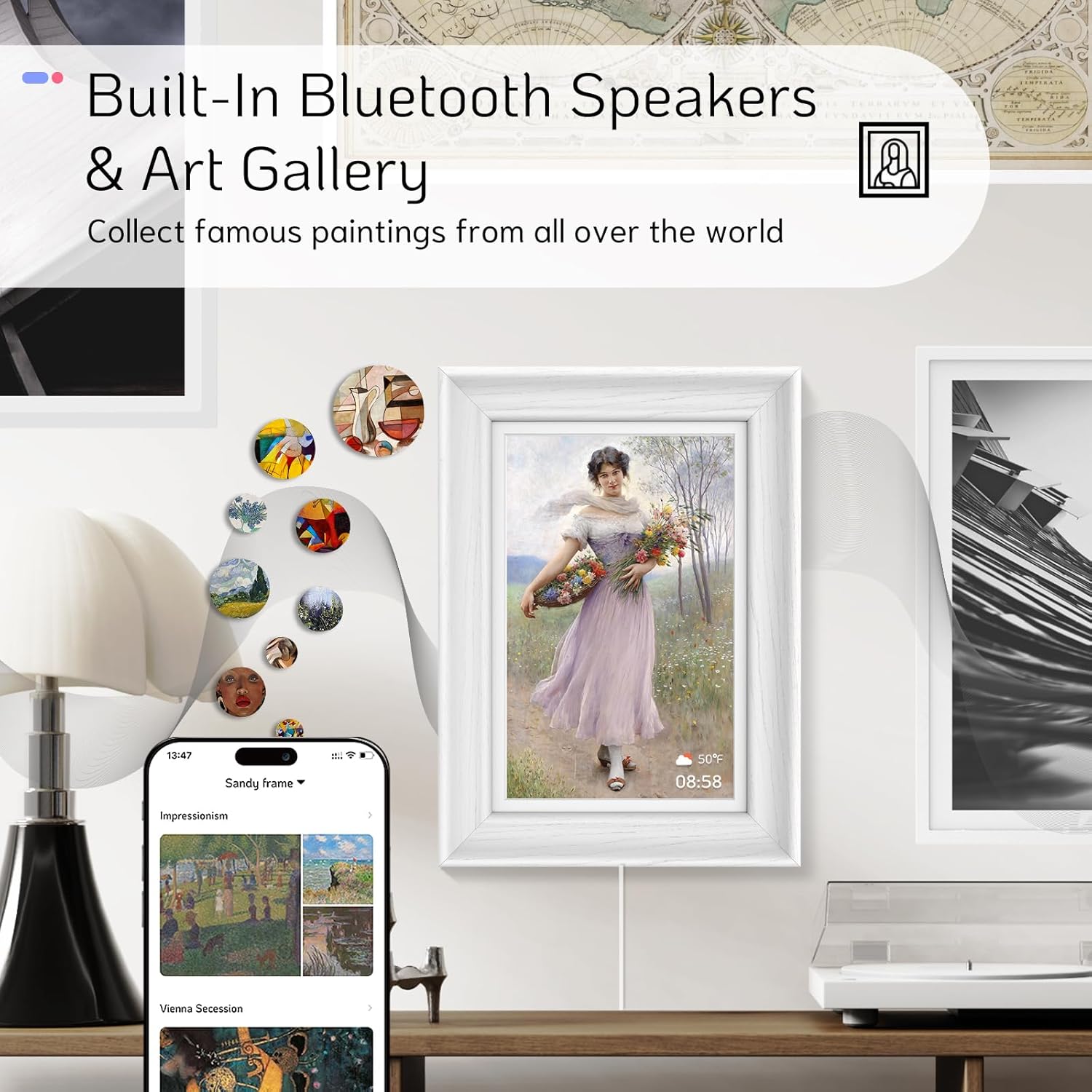 A digital frame displaying classic art, with a smartphone showing an art gallery interface, highlighting built-in Bluetooth speakers and art gallery features.