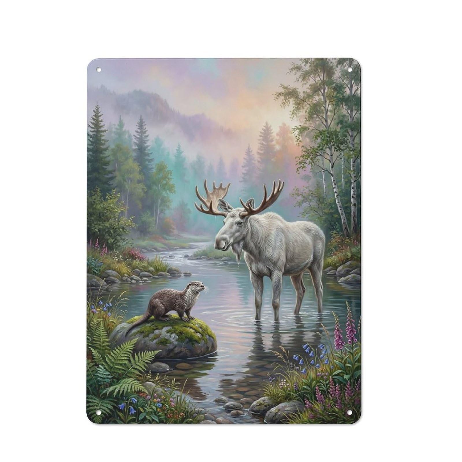 Junmoney Style-5 Moose And Otter In A Forest Stream Urban Metal Wall Decor 40X30cm, Metal Wall Art Sign For Loft, Studio, Office Or Creative Room