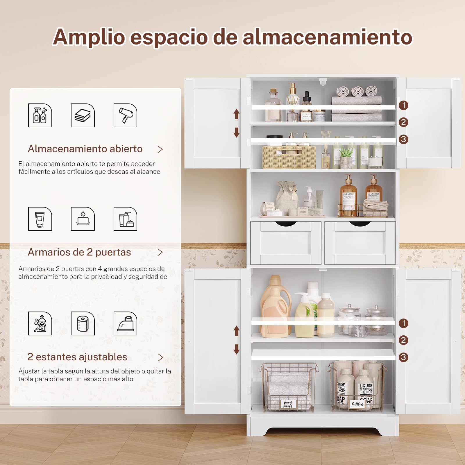 TEENFON Armario de Baño con 2 Cajones y 4 Puertas, Mueble Baño Doble Cajón, Gran Capacidad Almacenaje y Organización, 30 x 60 x 147 cm, Blanco