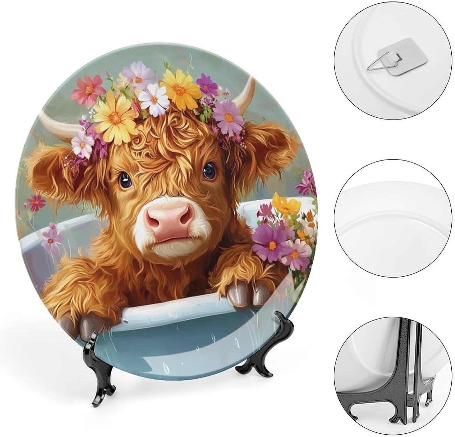 Cute Highland Cow In Bath Bone China Decorative Plates Ceramic Decorative Plate Wall Decor with Display Stand 8inch