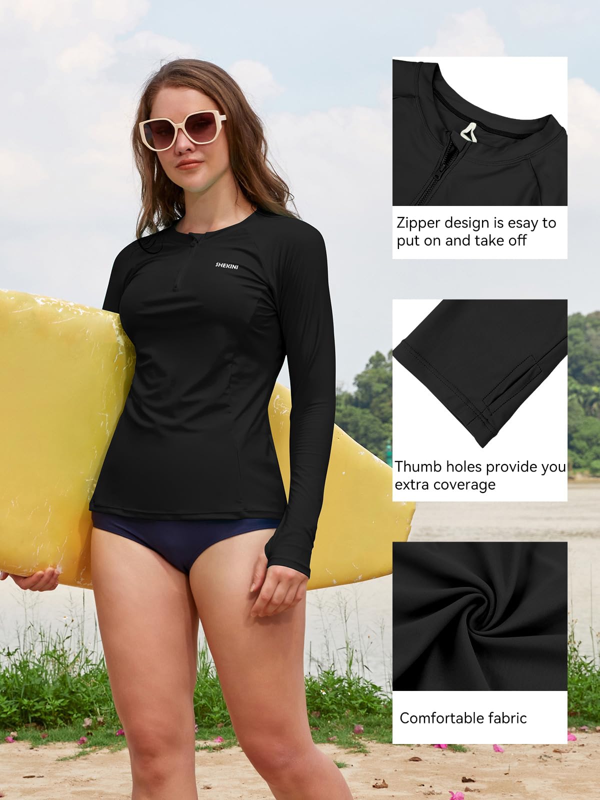 SHEKINI Haut de Maillot de Bain Femme à Manches Longues Tee Shirt Rashguard Demi-Fermeture Éclair Séchage Rapide Natation Surfing