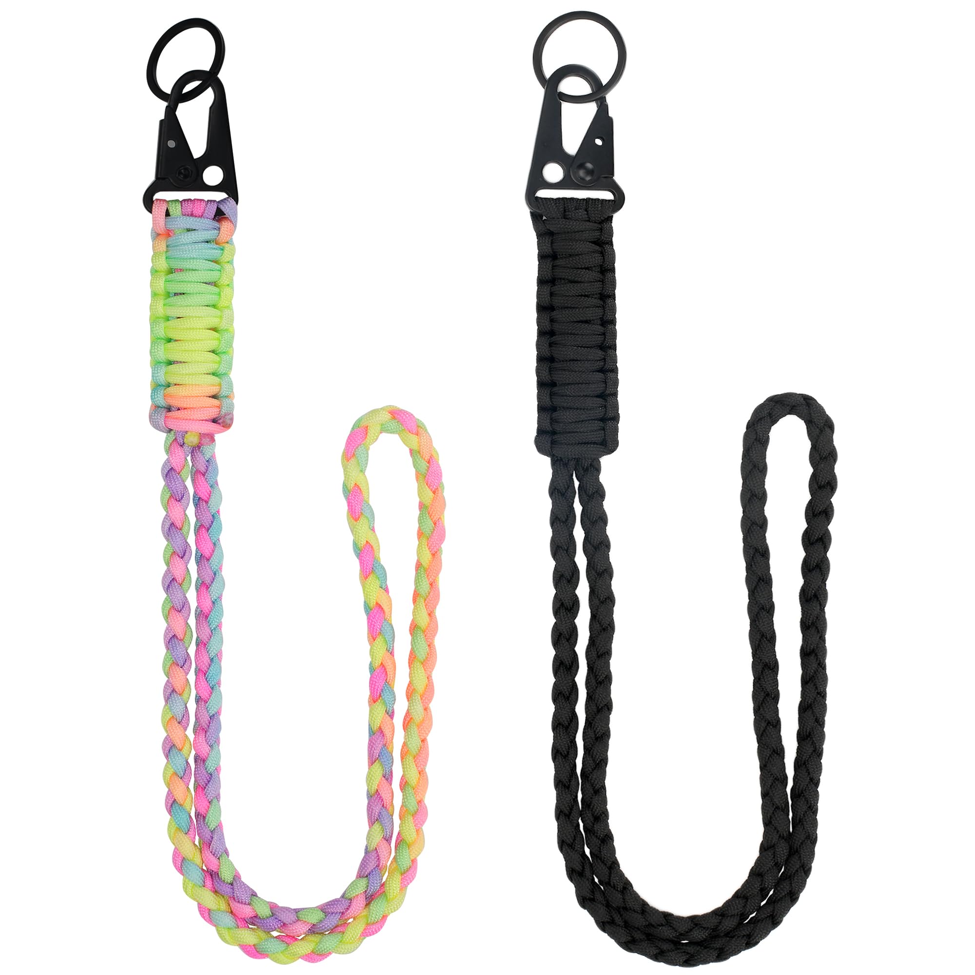 LAREDTREE Heavy Duty Paracord Lanyard Keychain, Paracord Necklace Cell Phone Keychain Whistles Wrist Braided Strap, Bright Rainbow + Black, 19.68inch