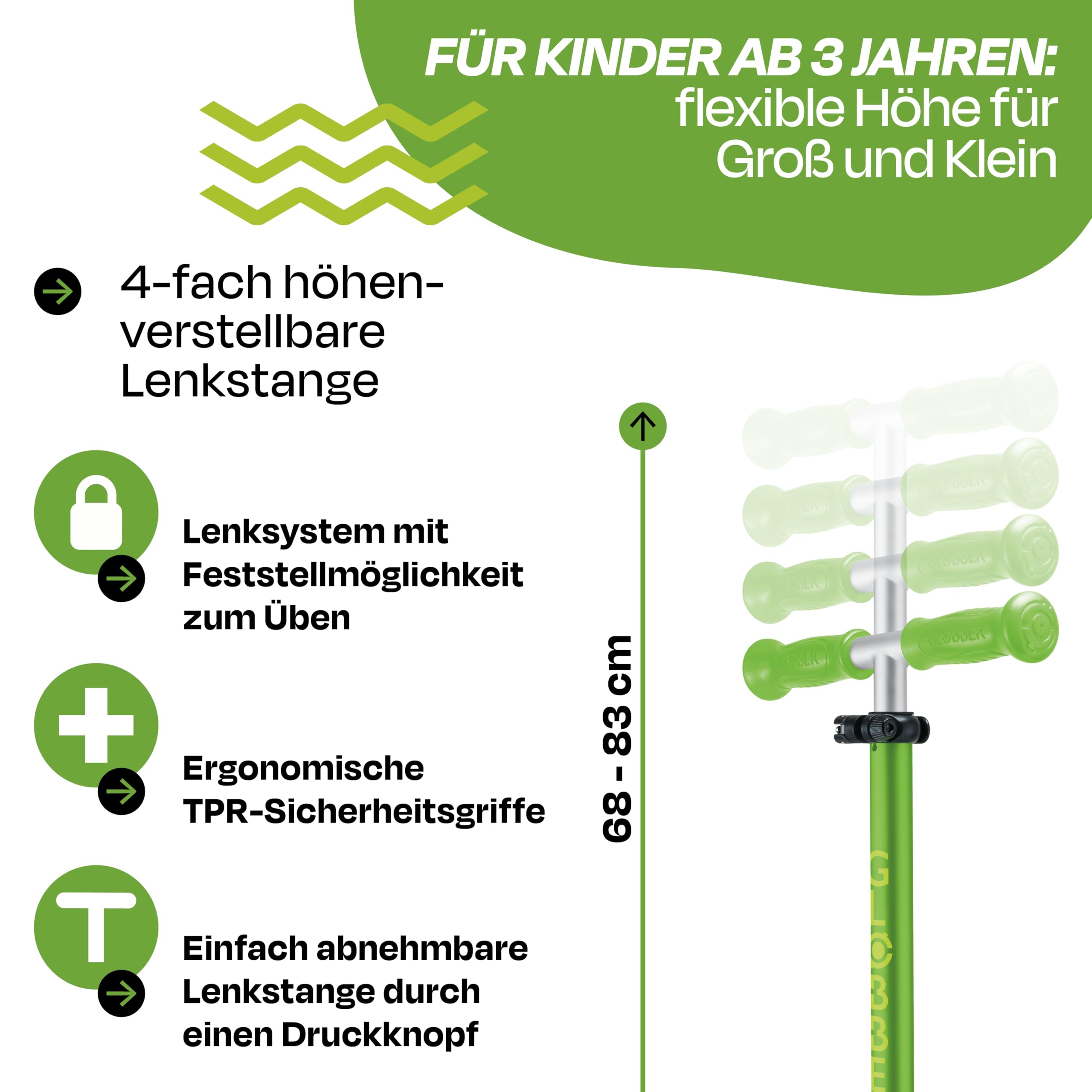 GLOBBER Primo Foldable Plus Lights Roller – Tretroller Kinder ab 3 Jahre - Scooter 120/80 mm - ABEC 5, 3-rädrig mit LED Rollen – höhenverstellbar
